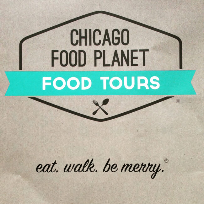 Chicago Food Planet Tour pamphlet front. eat. walk. be merry.