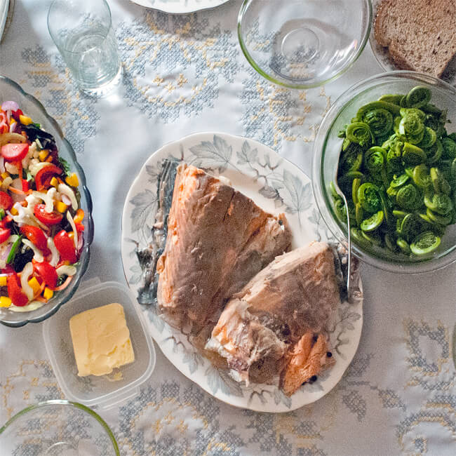 New Brunswick, Canada Seafood, Poached Salmon and Fiddleheads