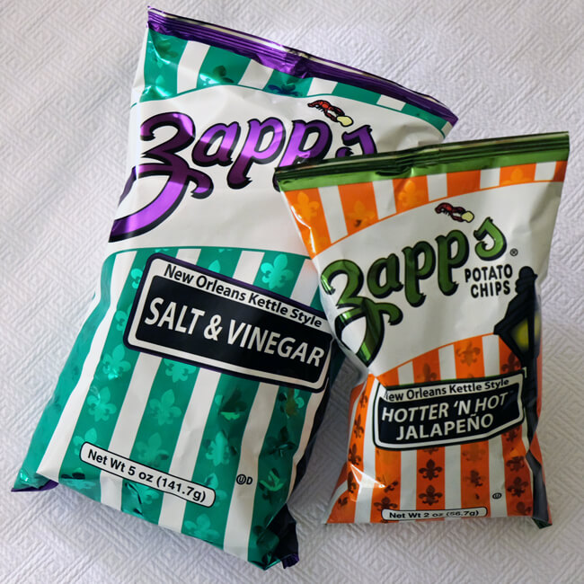 two bags of Zapp's potato chips. Salt & Vinegar and Hotter 'n Hot Jalapeno flavours, New Orleans