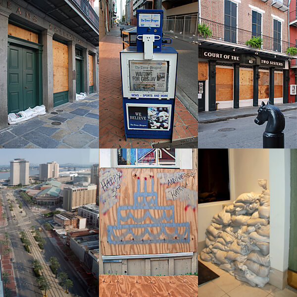 collage of six images of New Orleans, as preparations were made for Hurricane Gustav to make landfall in 2008