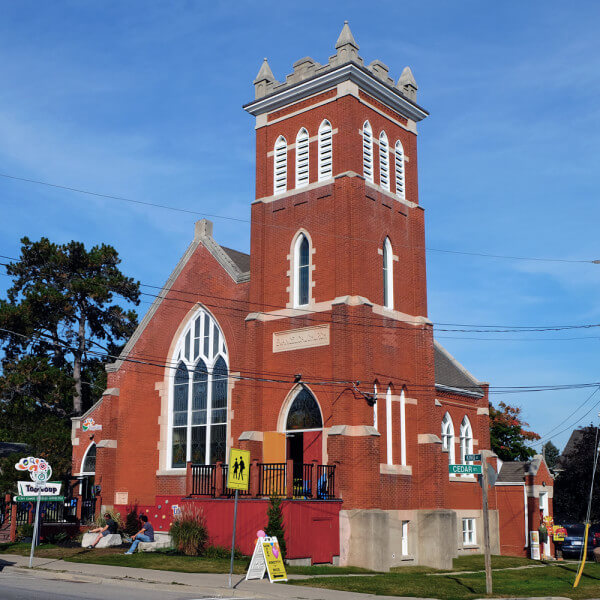 outside of a church converted into a toy store in downtown St. Jacobs