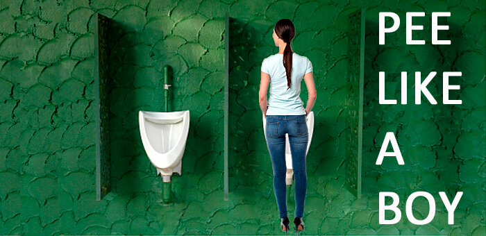 A woman wearing white jeans is pissing in the public toilet