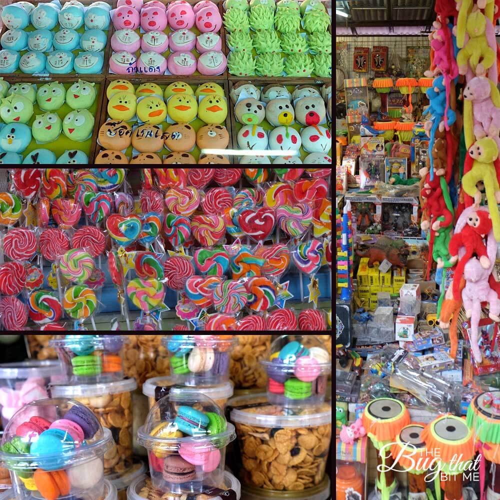 collage of sweets and toys at the Ayutthaya Floating Market