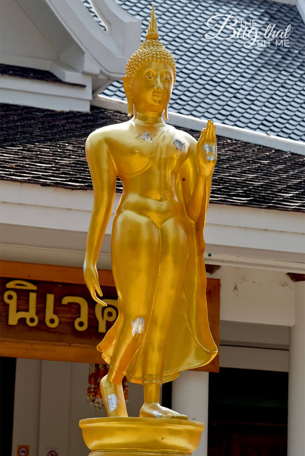Sukhothai Historical Park, standing Buddha outside a new temple at Wat Phra Phai Luang