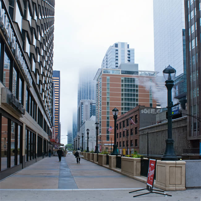 fog descends on downtown Chicago