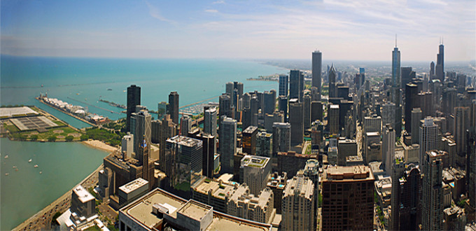 Chicago skyline from women's washroom of Hancock Building