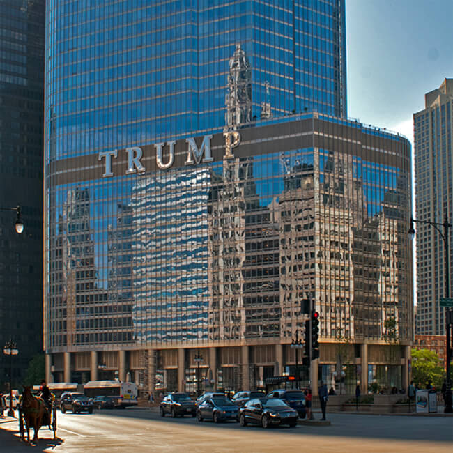 Chicago skyline reflected in the Trump Tower