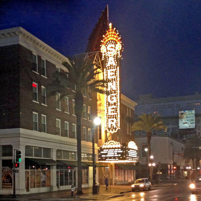photo of Saenger Theater sign lit up at night, New Orleans