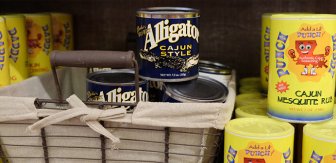 a can of Cajun-Style Alligator and a shaker of Punch Cajun Mesquite Rub