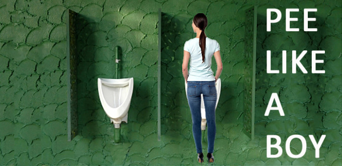 a woman stands in front of a urinal. a title reads "Pee Like a Boy"